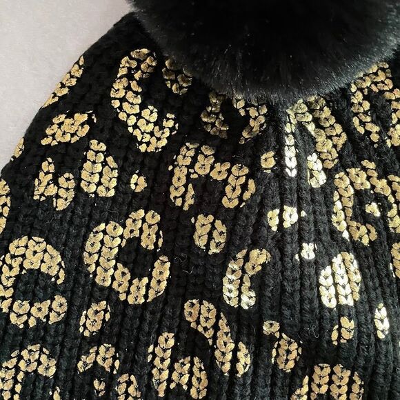 Jocelyn Black Beanie with Pompom Gold Metallic Foil Leopard Print Womens OS - Picture 3 of 8